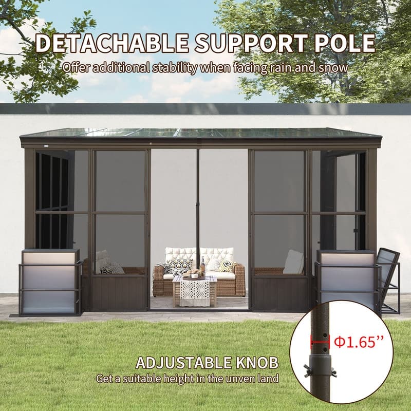 Domi Wall-Mounted Sunroom with Sloped PC Roof and Lockable Sliding Doors - 10x12FT