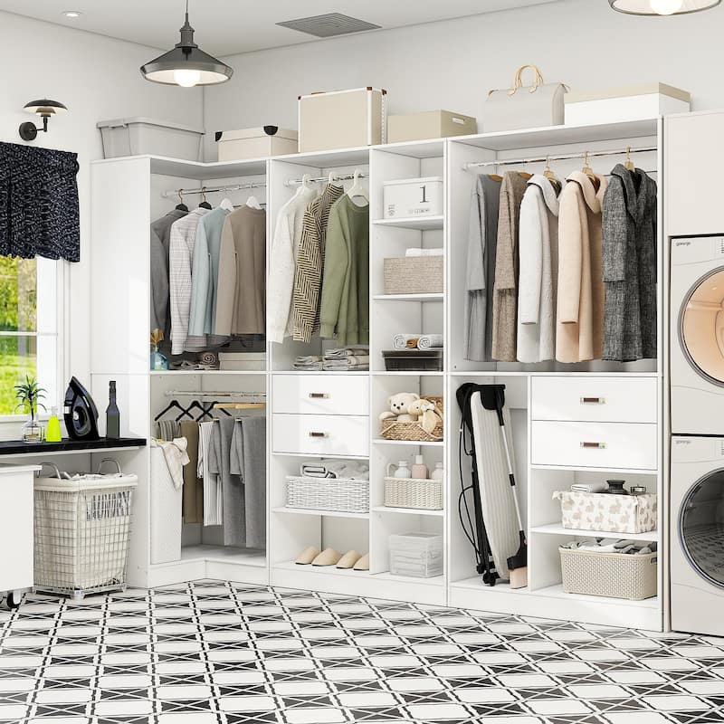 51''-110'' Freestanding Closet Organizer with Hanging Rods, Set of 3 Corner Closet System with Drawers