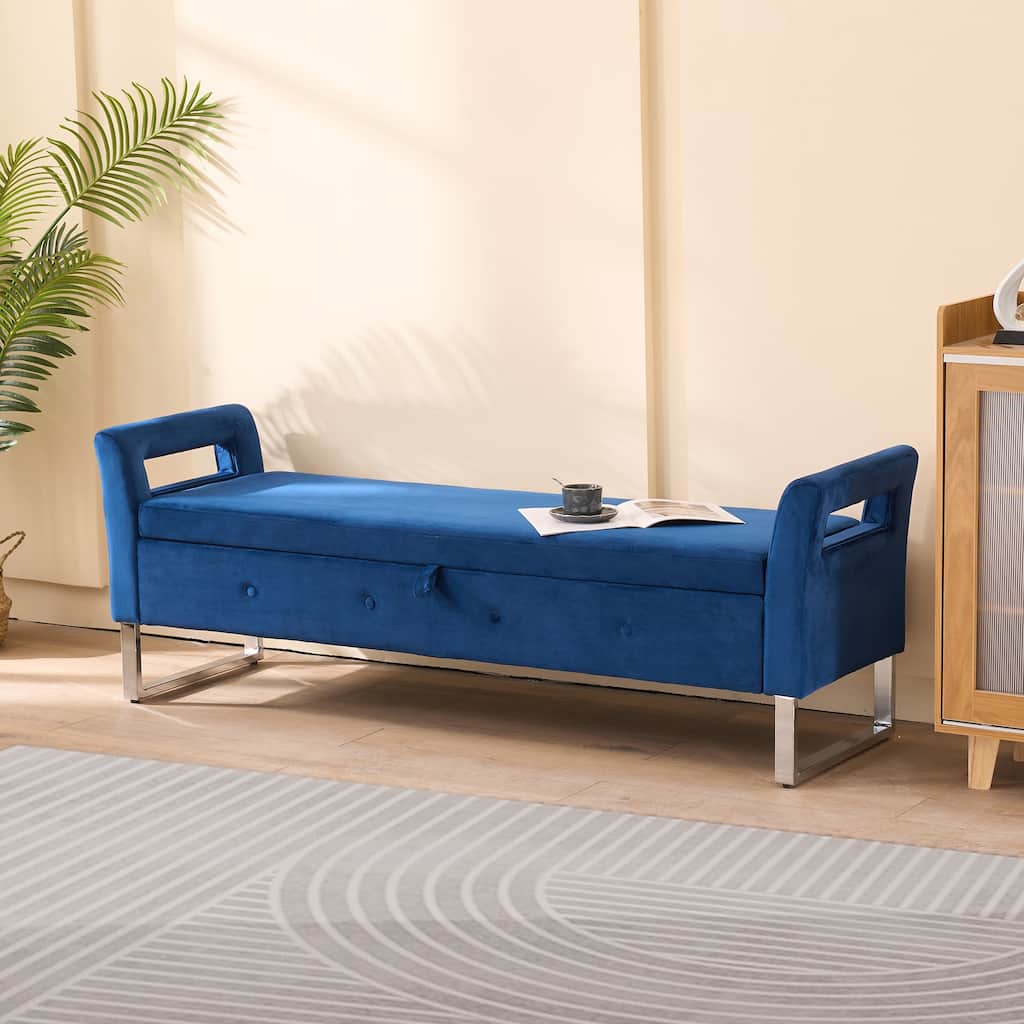 Minimalist Storage Bench End of Bed Bench with Armrests, Navy Upholstered Bench Corridor Bench Indoor Bench