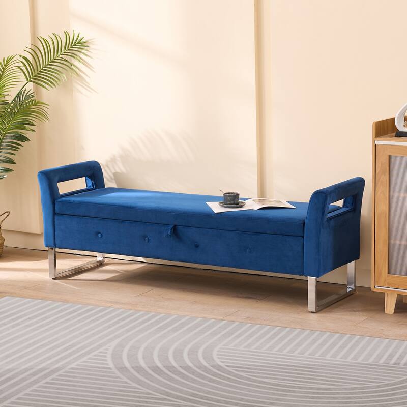 Roomfitters Velvet Storage Bench, Upholstered Entryway and Bedroom Bench with Armrests and Metal Legs - Navy
