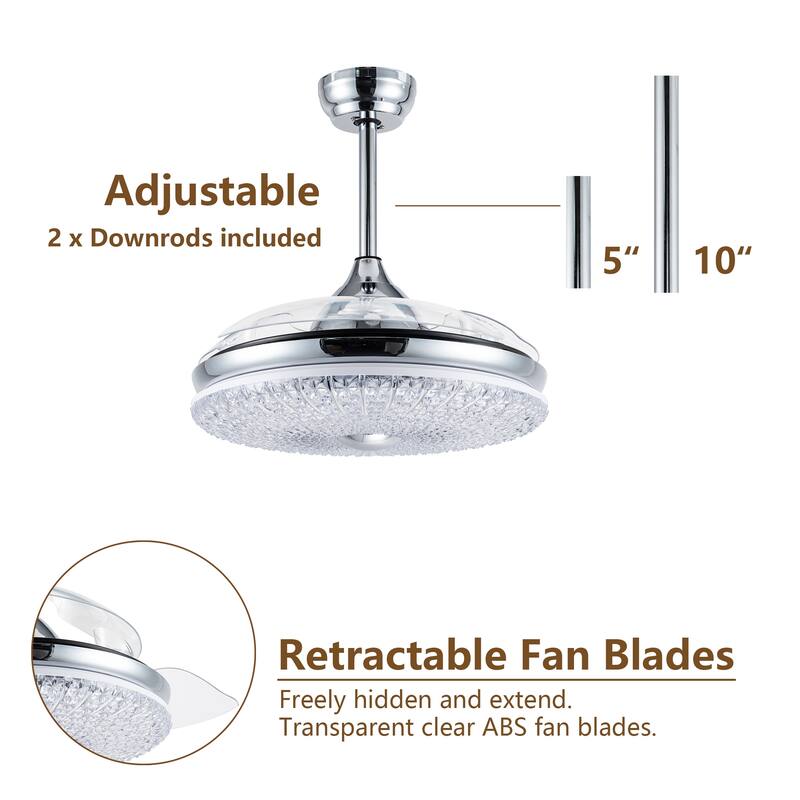 42" Black Modern Retractable Ceiling Fan with LED Light and Remote Control