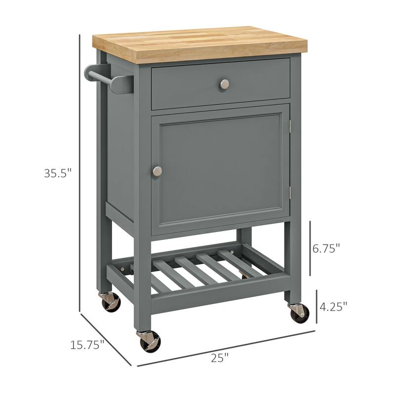 Utility Kitchen cart, Rolling Kitchen Island with Smooth Rubberwood Top, Narrow Butcher Block Surface on Wheels