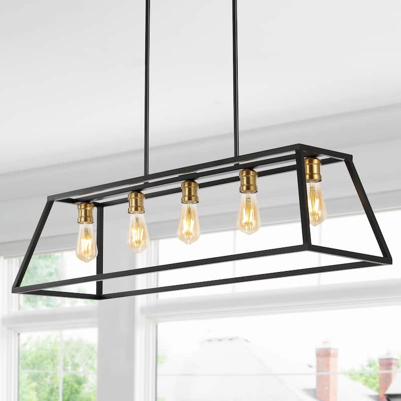 Staunton 38" 5-Light Adjustable Iron Farmhouse Vintage LED Dimmable Pendant, by JONATHAN Y - Black