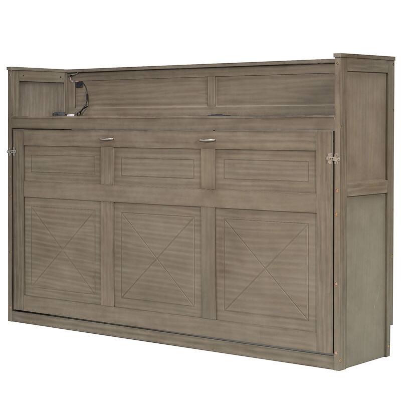 Farmhouse Style Twin XL Size Murphy Bed with Open Shelf, Folding Bed Frame with LED Light and Charging Station