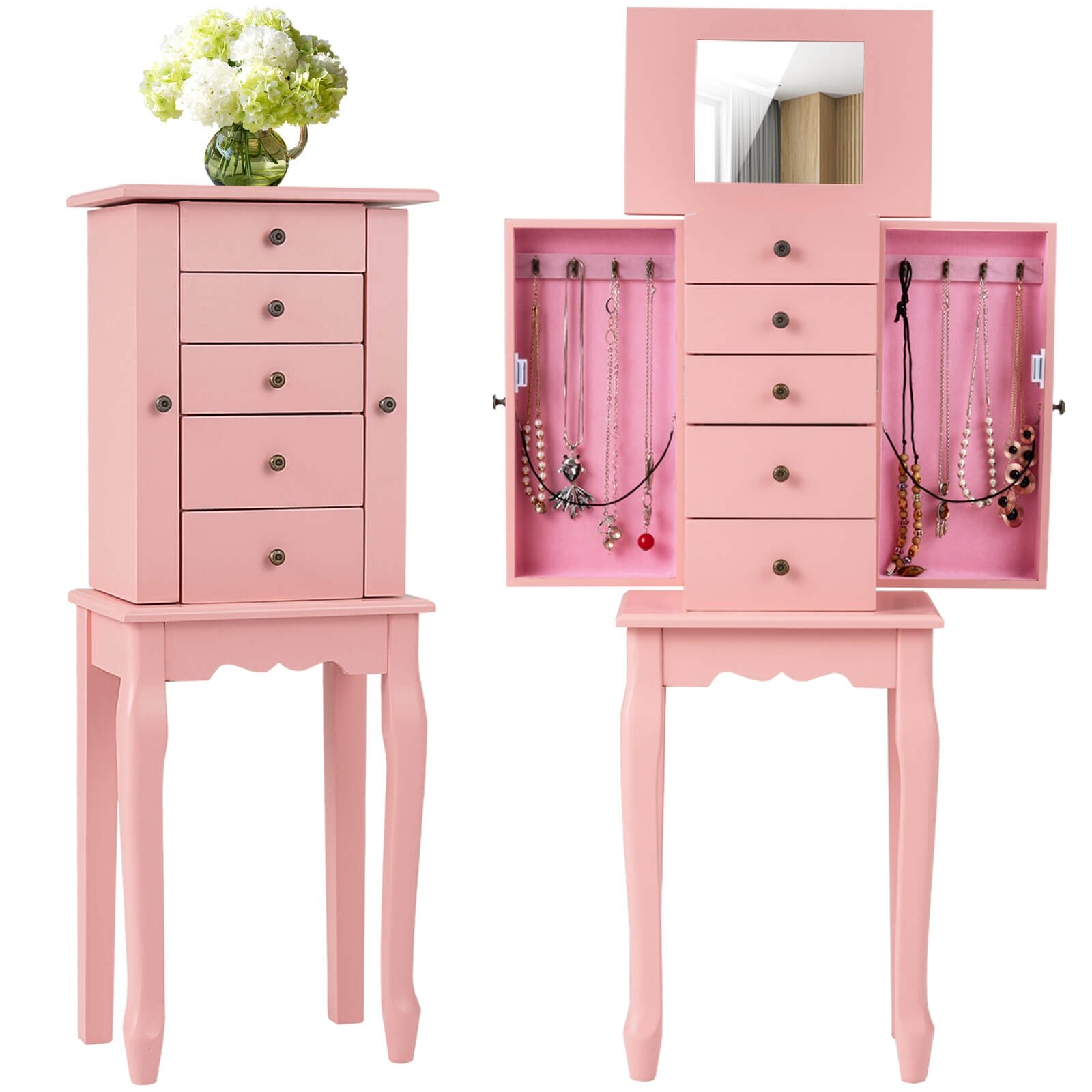 Costway Jewelry Cabinet Storage Chest Standing Organizer Mirror White - See Details