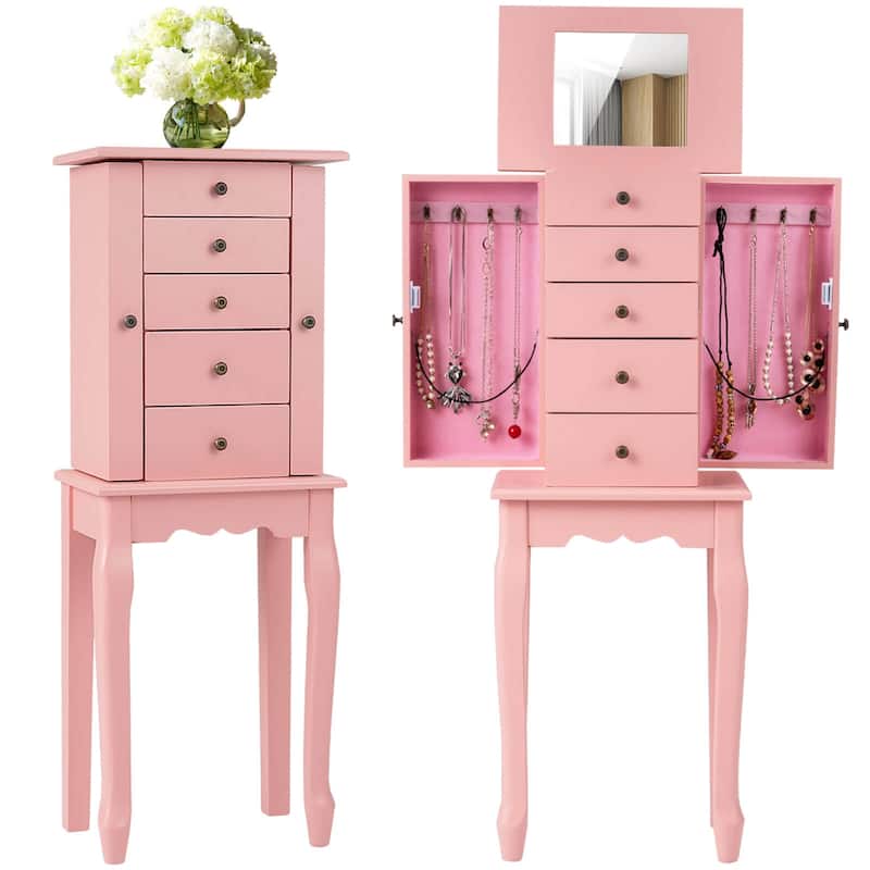 Costway Jewelry Cabinet Storage Chest Standing Organizer Mirror White - See Details - Pink