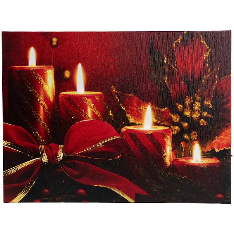Red LED Striped Candles Poinsettia Bow Christmas Wall Art 12" x 15.75"