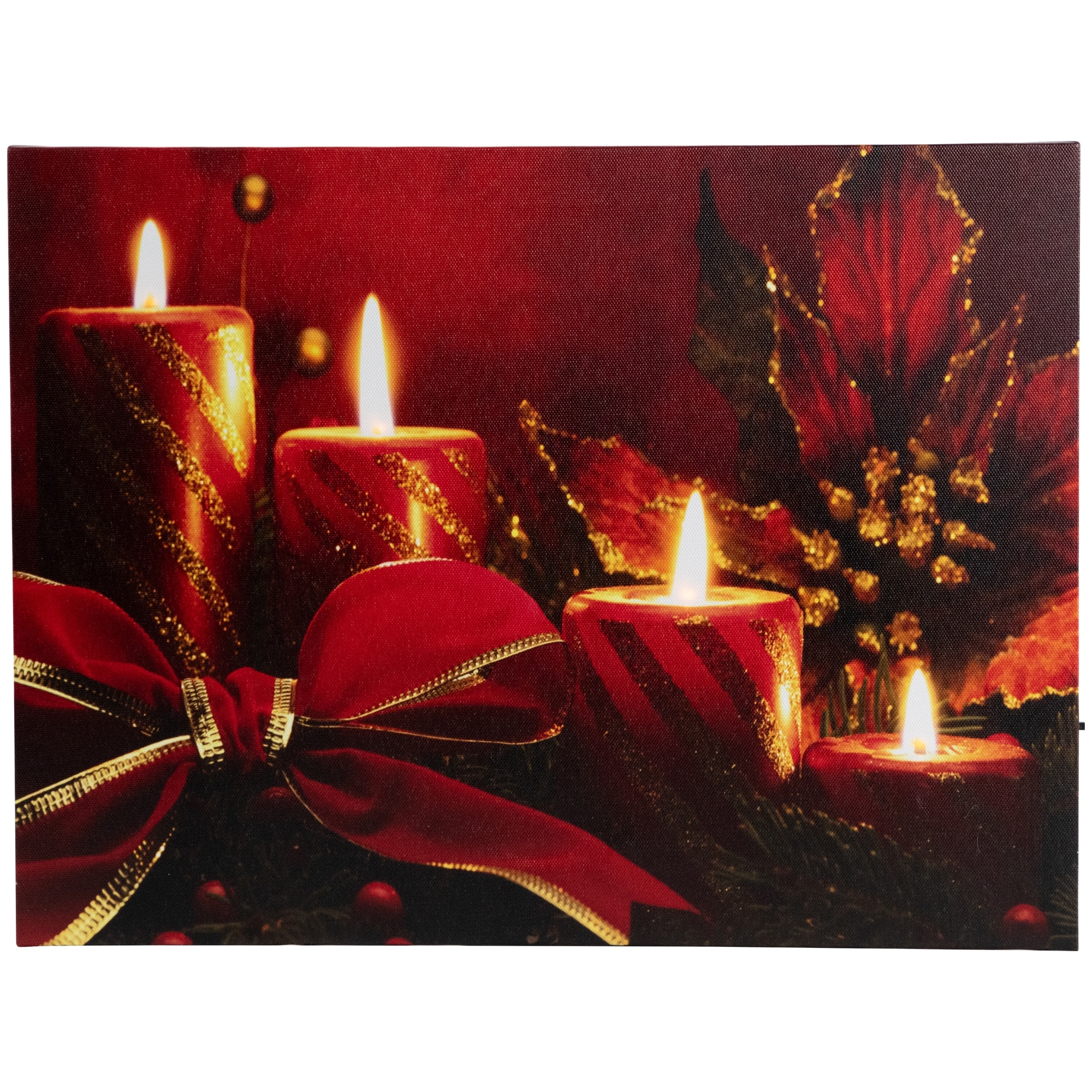 Red LED Striped Candles Poinsettia Bow Christmas Wall Art 12" x 15.75"