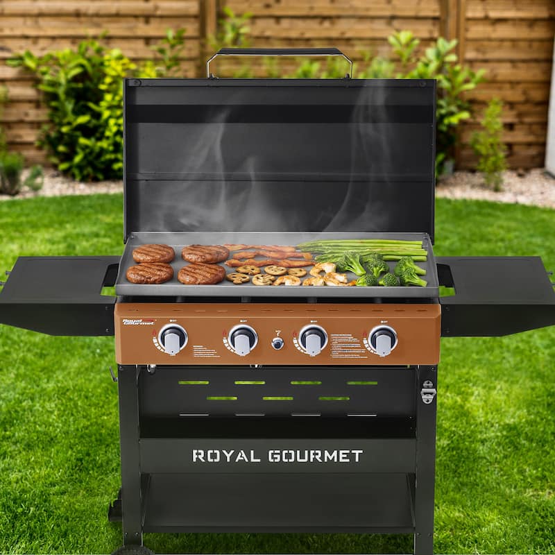 Royal Gourmet 4-Burner Gas Griddle with Hood and Side Shelves