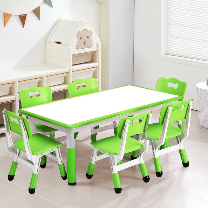 Kids Table and Chairs Set, Height Adjustable Desk with 6 Seats for Ages 2-10