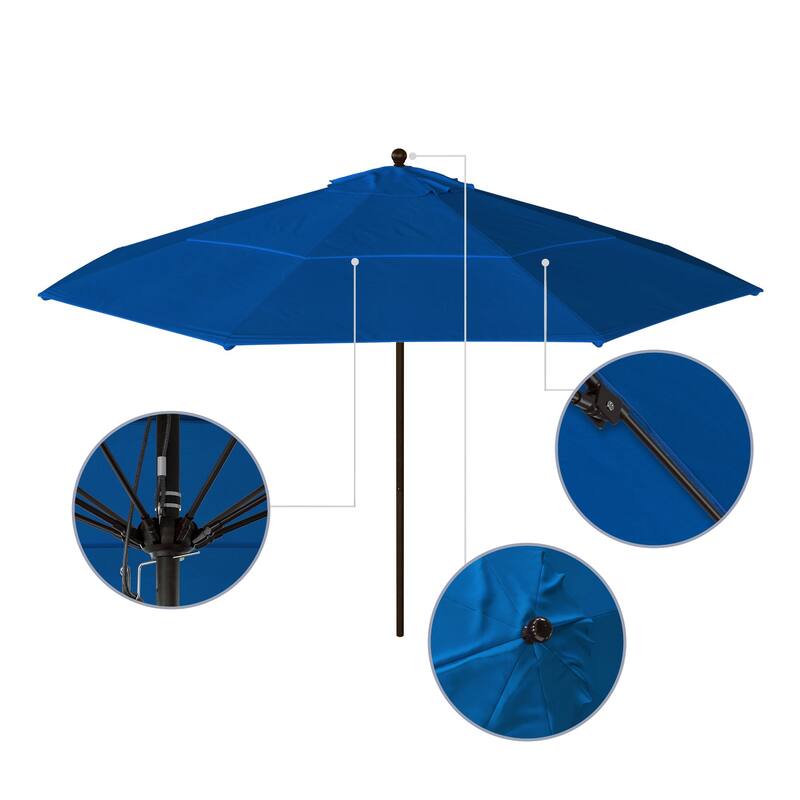 California Umbrella 11' Venture Series Patio Umbrella, Bronze Aluminum Pole Fiberglass Ribs Pulley Lift, Pacifica Pacific Blue