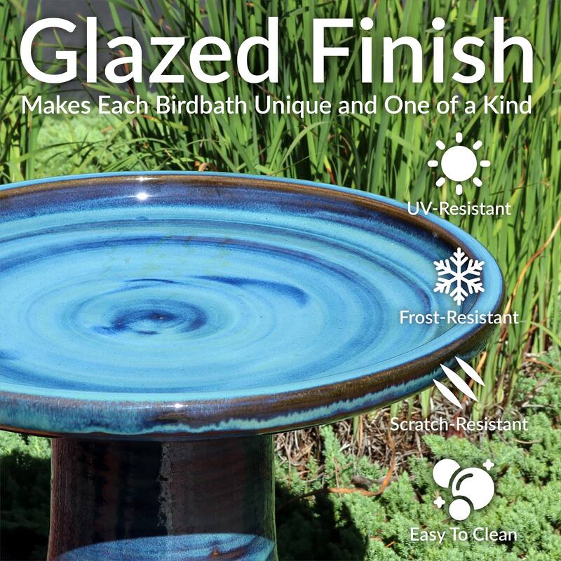 Sunnydaze Glazed Ceramic Outdoor Bird Bath - 18" - UV/Frost Resistant