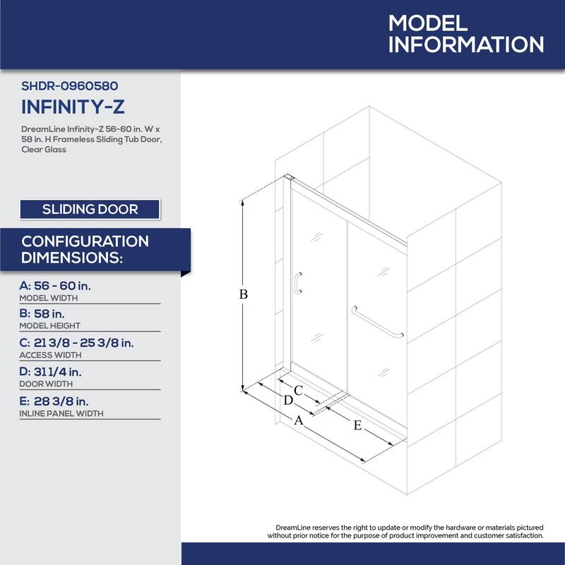 DreamLine Infinity-Z 56-60 in. W x 58 in. H Semi-Frameless Sliding Tub Door - 56" - 60" W