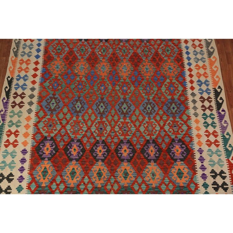 Trellis Geometric Kilim Oriental Area Rug Flatweave Wool Carpet - 8'8" x 11'9"
