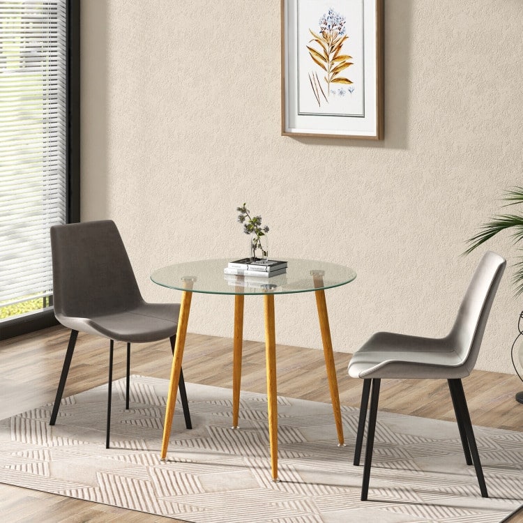 Round Glass Dining Table Leisure Coffee Table with Metal Legs-Natural - 35.5" x 35.5" x 30" (L x W x H)