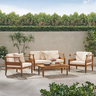 Aston Outdoor Mid-Century Modern Cushioned Acacia 4-seat Chat Set by Christopher Knight Home