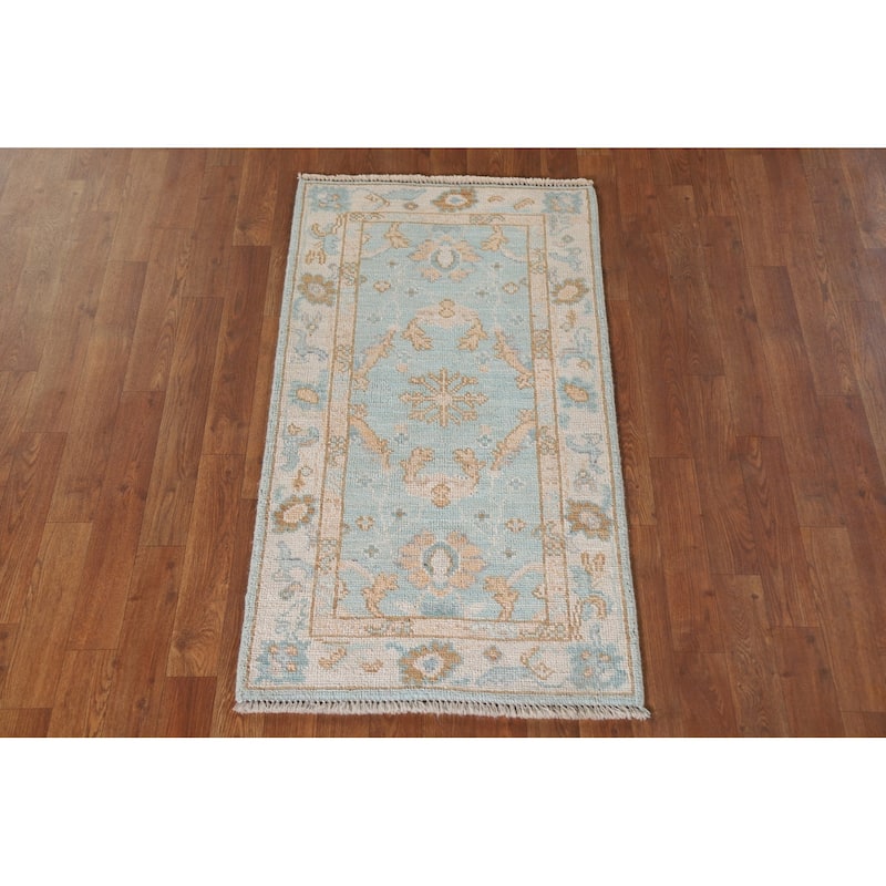 Light Blue Oushak Turkish Accent Rug Hand-Knotted Wool Carpet - 2'2"x 4'0"