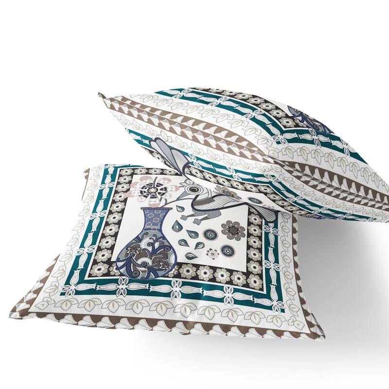 HomeRoots Set of Two 16" X 16" Beige and Green Peacock Blown Seam Floral Indoor Outdoor Throw Pillow - 16.00' X '16.00' X '5.00