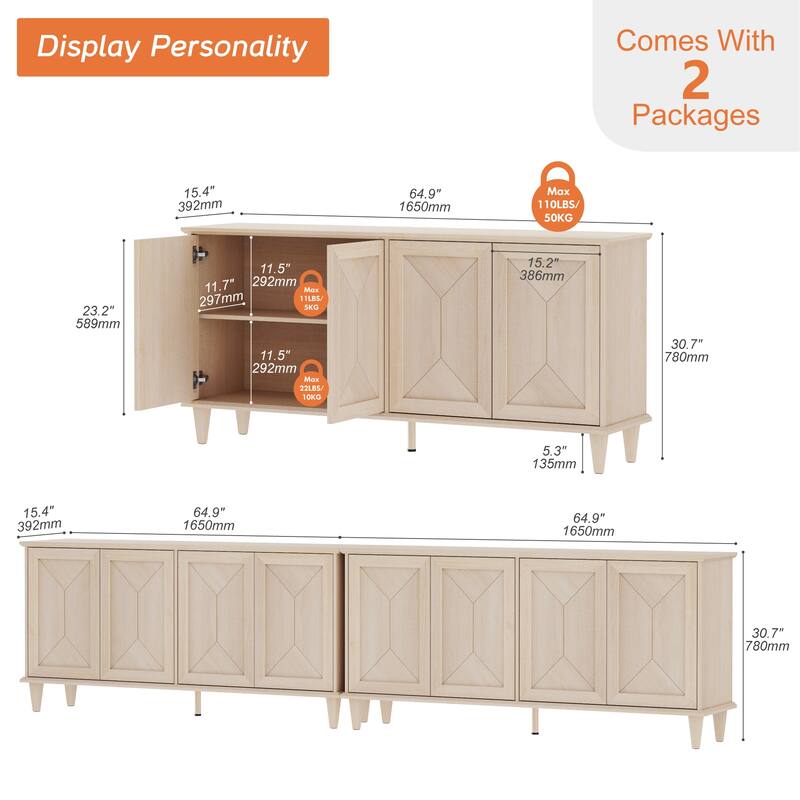Modern Farmhouse TV Stand with Handcrafted Patchwork Doors for 55-130" TVs