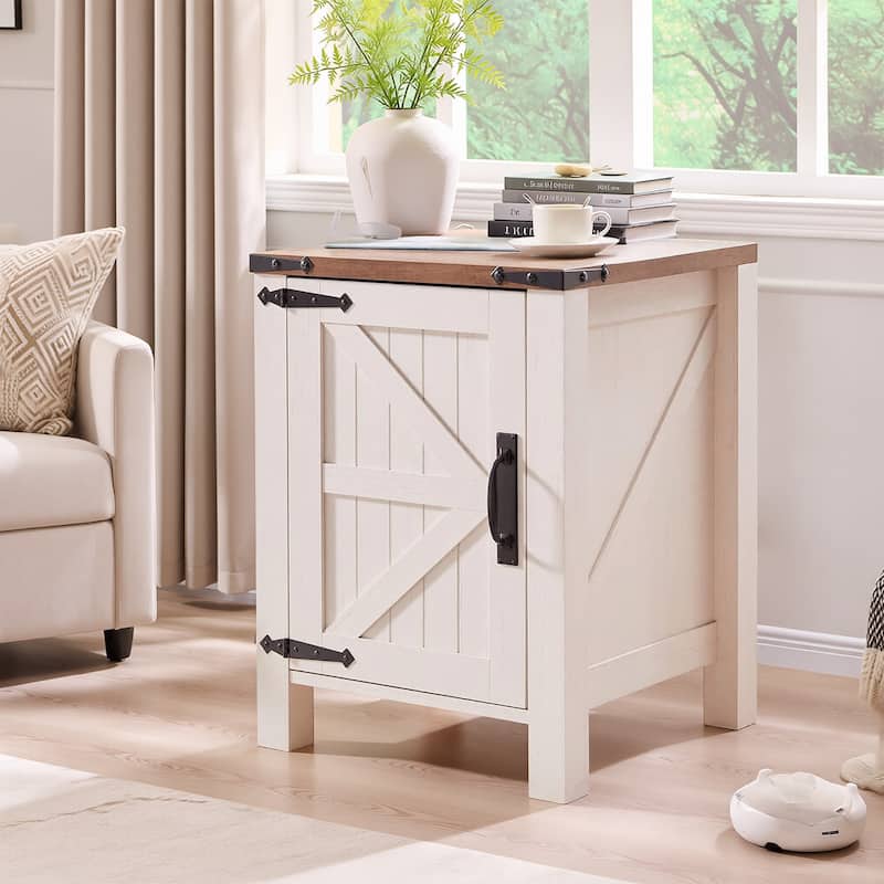 Farmhouse Wood Nightstand with Charging Station, End Table, Side Table - Antique White