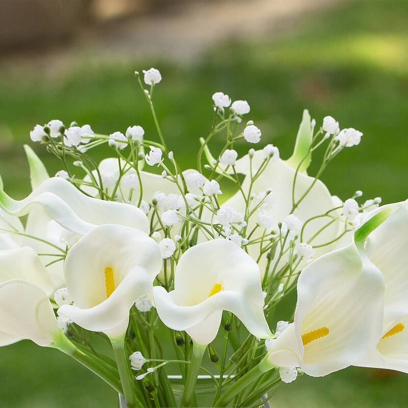 Enova Home Mixed Artificial Real Touch Lily and Baby Breath Flower Arrangement in Clear Glass Vase with Faux Water - Cream White