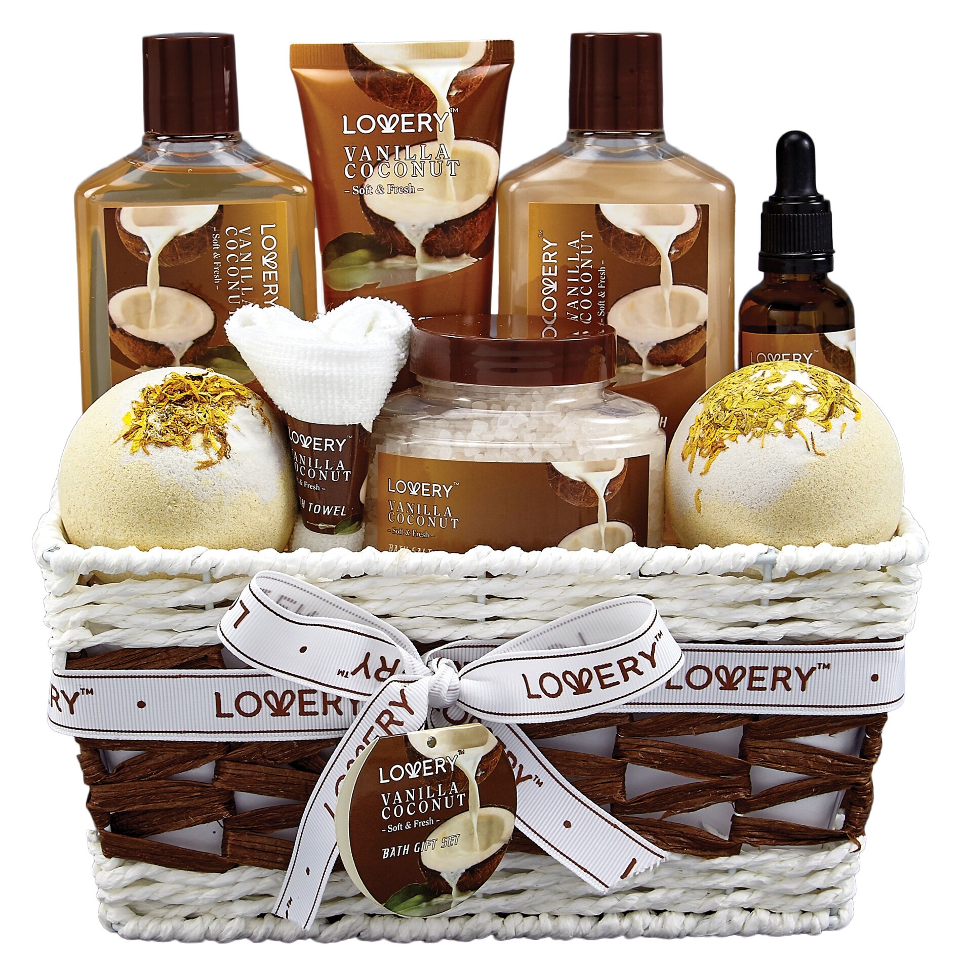 Bath and Body Gift Basket -Vanilla Coconut Home Spa - 9pc Set - 9