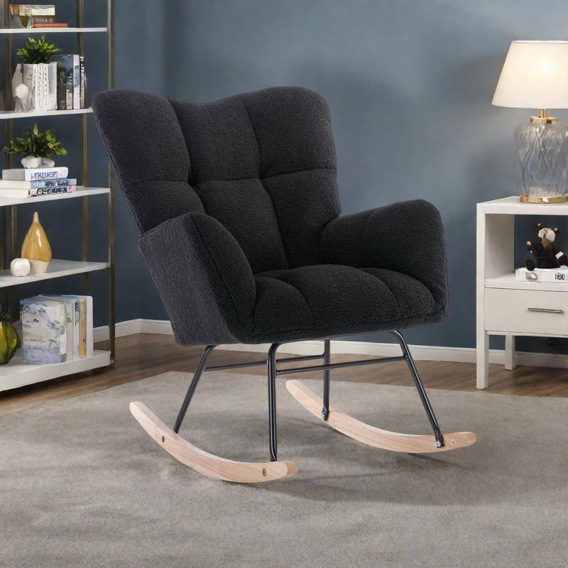 Teddy Fabric Rocking Glider Chair with Wooden Frame and 250lb Weight Capacity - Black