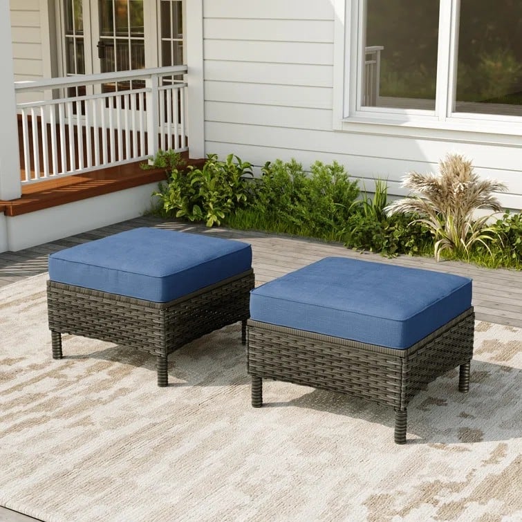 2-Piece Wicker Ottoman Patio Ottoman with Seat Cushion - Navy Blue