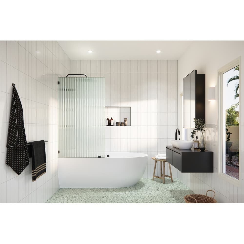 Gaia 30 in. x 58.25 in. Single Fixed Frameless Fluted Frosted Bath Panel Shower Tub Door