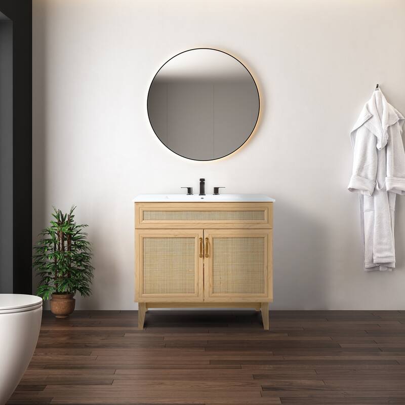 Ancillary Rattan Modern Farmhouse 2-Shelf Bath Vanity Cabinet Only (Sink Basin not Included), by JONATHAN Y
