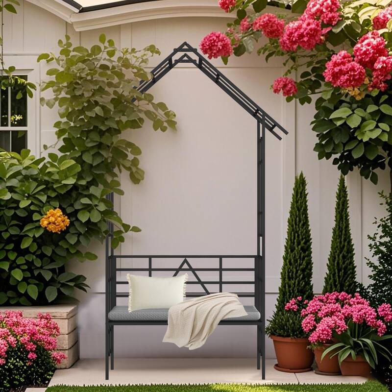 Anmytek Black Metal Garden Arch with Bench and Flower Stand for Climbing Plants Rose Arbor