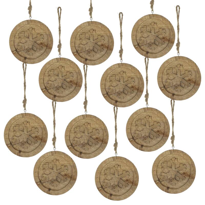 6" x 6" Wooden Hanging Circle With Snowflake Cut, Decorative Hanging Christmas Tree Ornaments for Holiday, Set of 12 - Multi