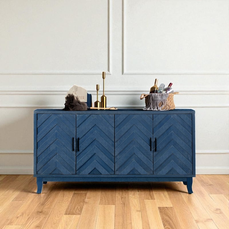 Vintage Style 4-Door Buffet Sideboard Cabinet with Adjustable Shelves and Lacquered Finish. - Antique Navy Blue
