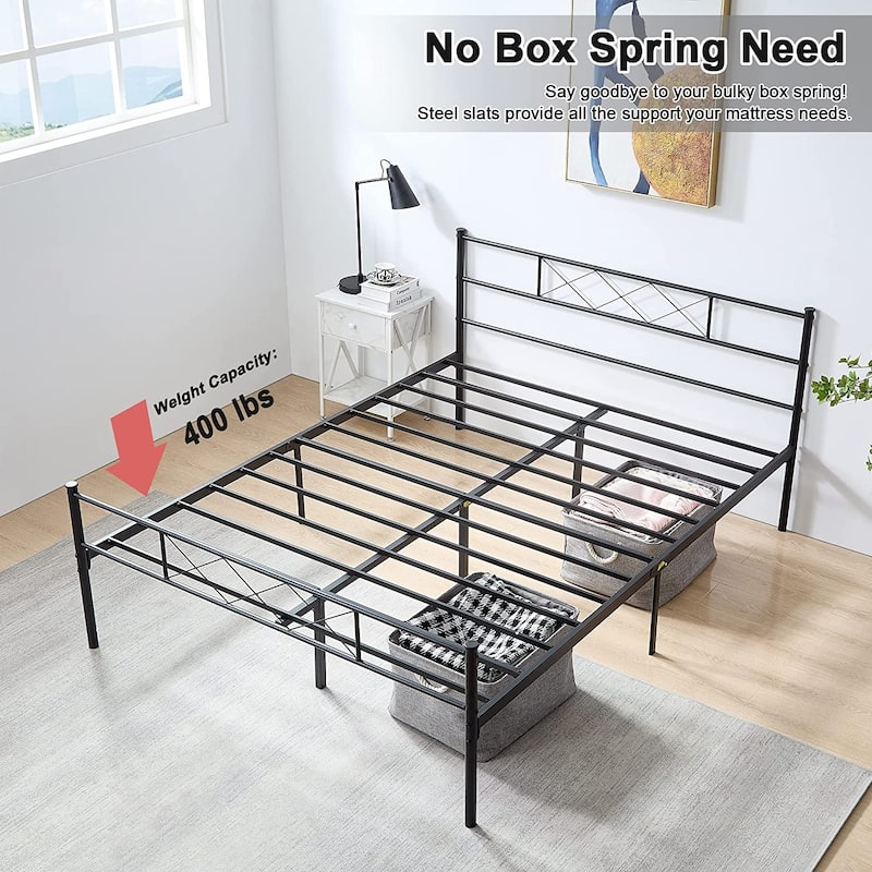 3-Piece Bedroom Set, Black Metal Platform Bed Frame and 2 Brown Nightstands