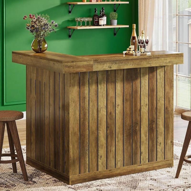Brown MDF Corner Liquor Bar Table with 4 Shelves and Stemware Storage for Home and Pub - 51.18”L x 39.37”W x 43.31”H