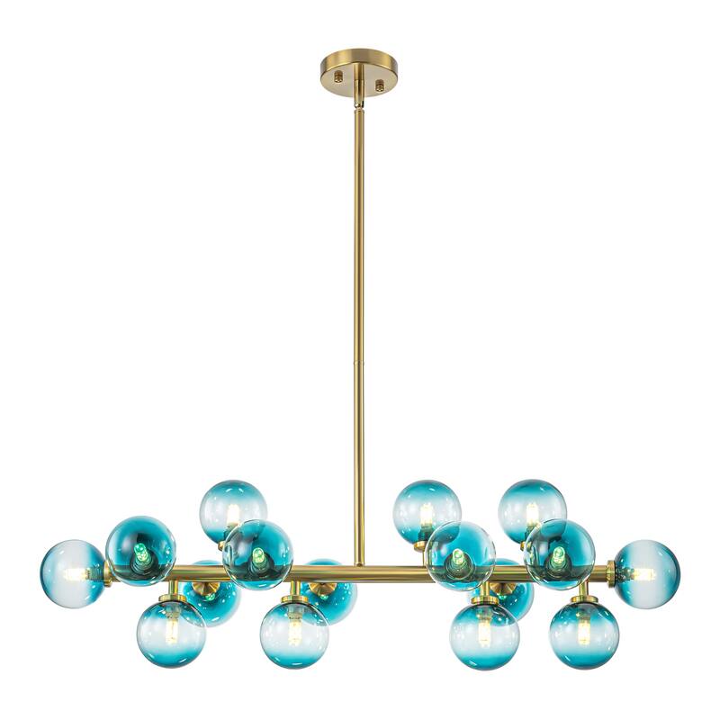 16-Light Modern Linear Cluster Gradient Blue Glass Globe Bubble Chandelier - 36.2 in. W x 11 in. H