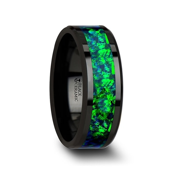 PULSAR Black Ceramic Wedding Band with Beveled Edges and Emerald Green & Sapphire Blue Color Opal Inlay 8mm
