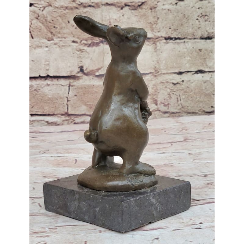 Easter Bunny Imitative Rabbit Holding A Basket Bronze Sculpture Statue Figure On Marble Base