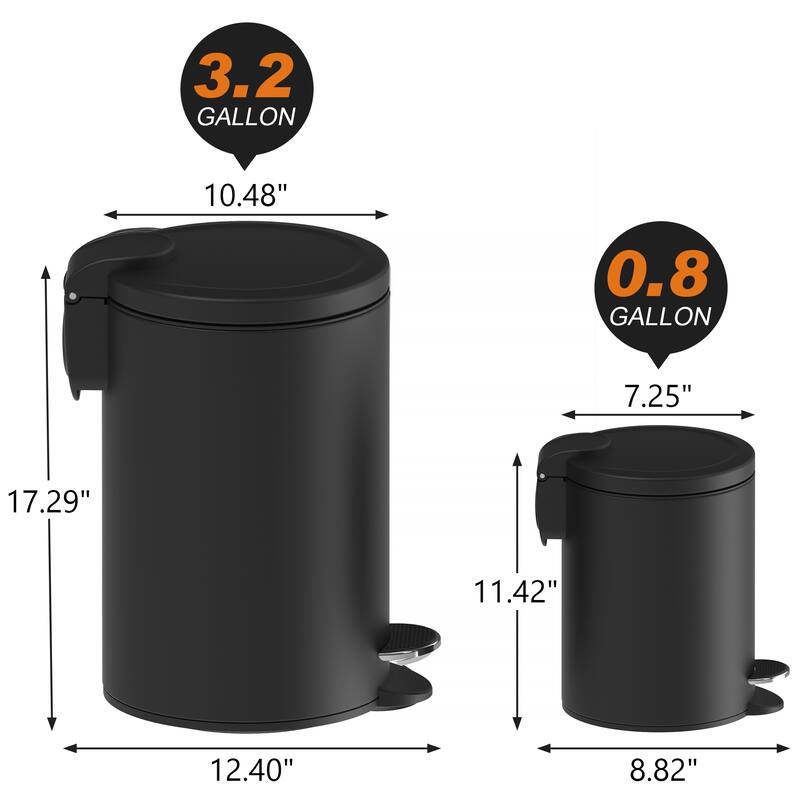 Innovaze 3.2 Gal./12-Liter and 0.8 Gal./3 Liter Stylish Round White Metal Step-on Trash Can Set - Black