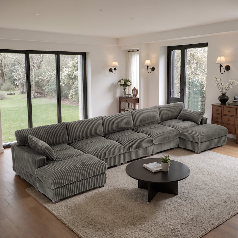 Plush Cotton Flannel Modular Sectional Sofa with 2 Ottomans