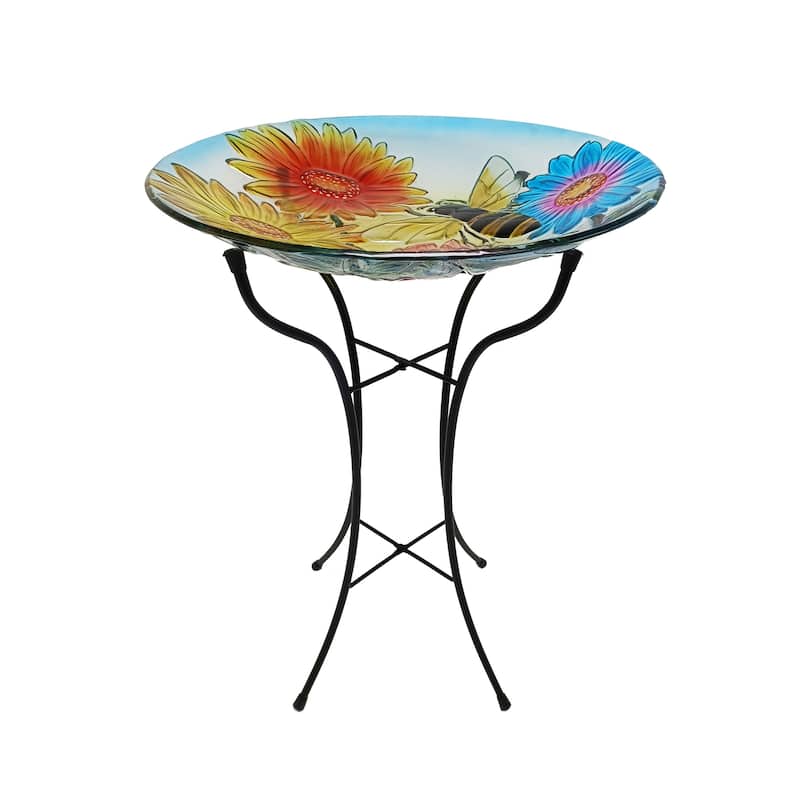 18" Glass Birdbath w/ Flowers & Bee w/ Metal Stand