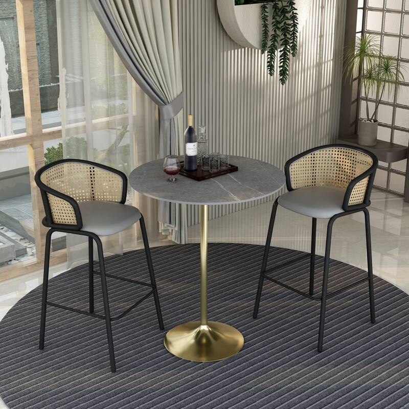 LeisureMod Verve 36" Bar Dining Table with Sintered Stone Round Top in Gold Steel, Gold Marbleized