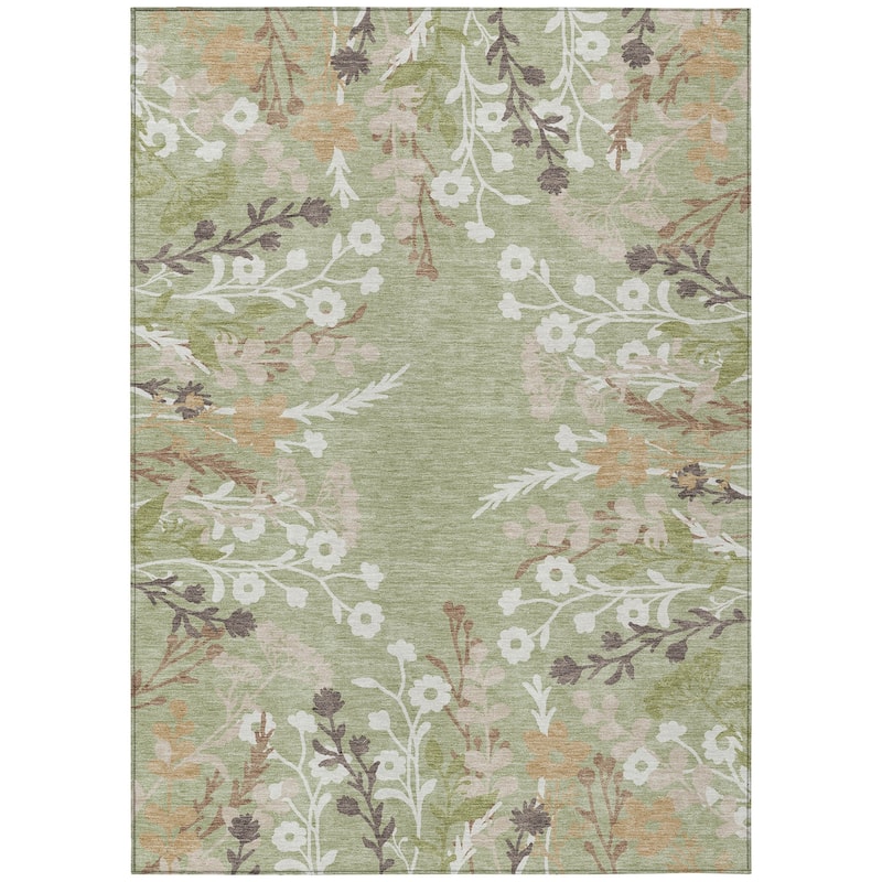 Machine Washable Indoor/ Outdoor Floral Border Chantille Rug