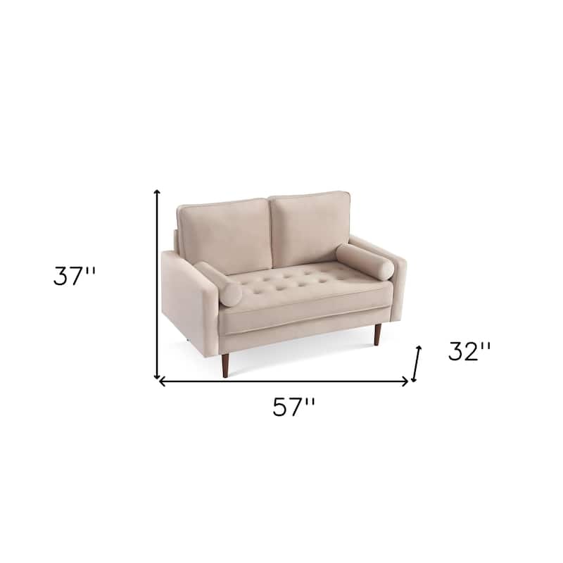 HomeRoots 57" Beige And Dark Brown Velvet Loveseat and Toss Pillows - 57.00 in. x 37.00 in. x 32.00 in.