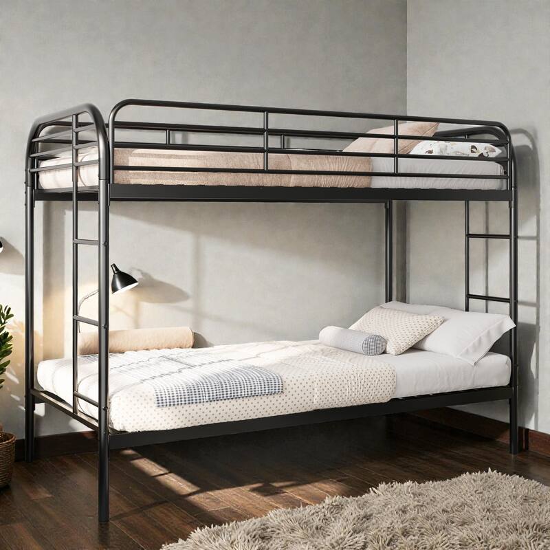 Metal Twin Over Twin Bunk Bed with 2 Ladders, Heavy-Duty Iron Frame, Full-Length Guardrails, No Box Spring Needed - Black - Twin