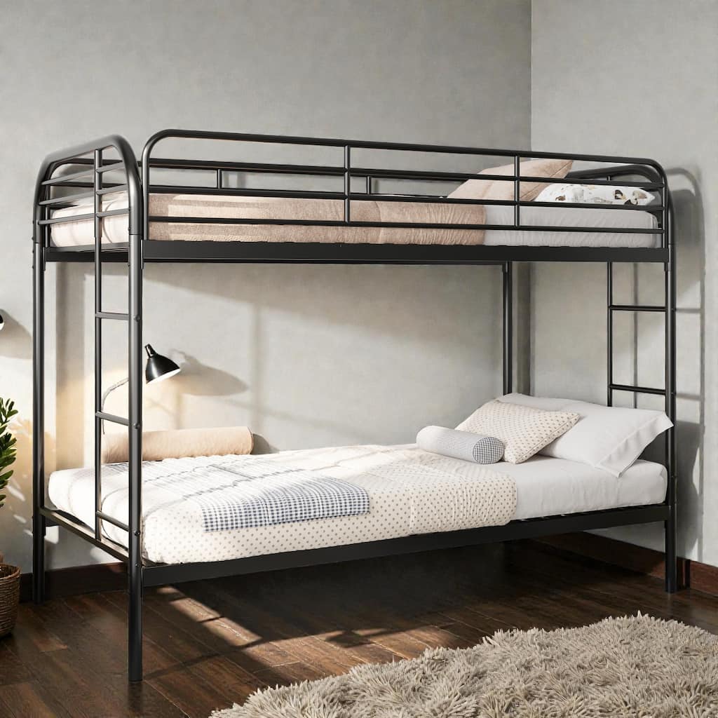 Metal Twin Over Twin Bunk Bed with 2 Ladders, Heavy-Duty Iron Frame, Full-Length Guardrails, No Box Spring Needed