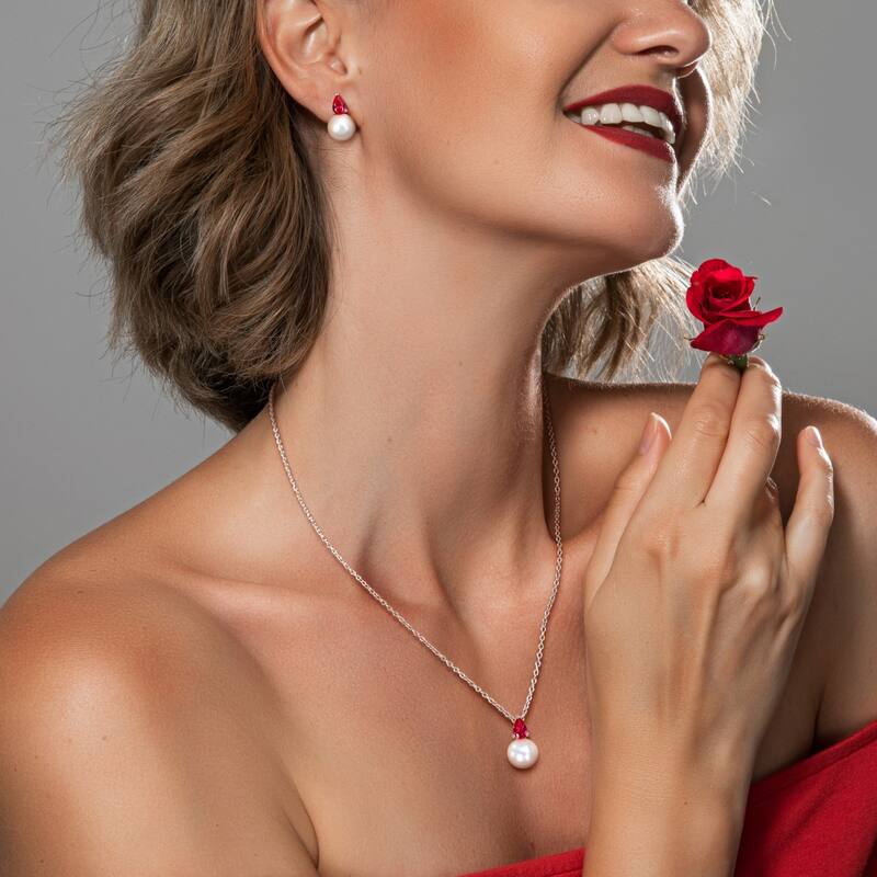 Miadora Cultured Freshwater Pearl 2ct TGW Created Ruby Jewelry Set Sterling Silver