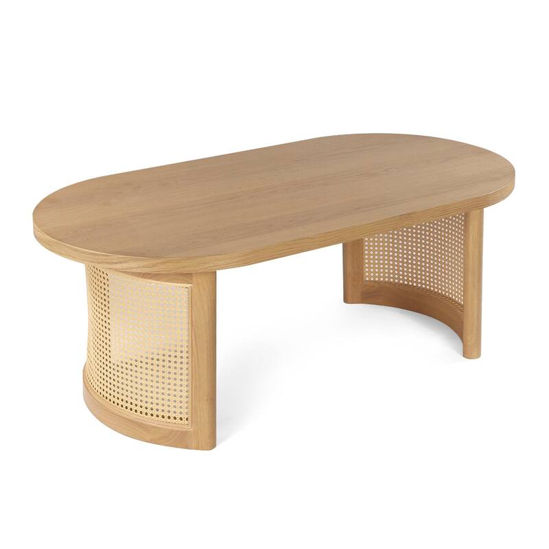 48" Oval Solid Oak Rattan Coffee Table