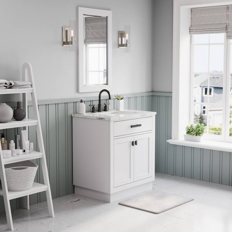 Hartford Marble Countertop Bath Vanity in White with Gooseneck Faucet - 30"