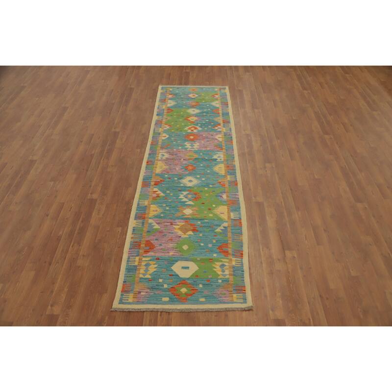 Hand Woven Oriental 100% Wool Carpet Southwestern Tribal Navy Blue & Blues Kilim Runner Rug - 9' 9'' X 2' 9''